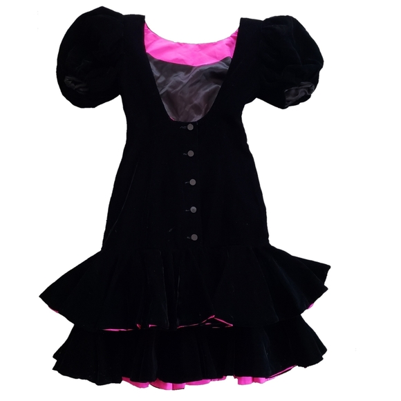 SOLD Vtg 80s Lillie Rubin Velvet Dress Black Ruffled 4 - Picture 3 of 16